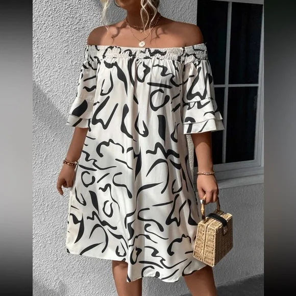 Boho plus size off shoulder flounce sleeve dress - Picture 1 of 12